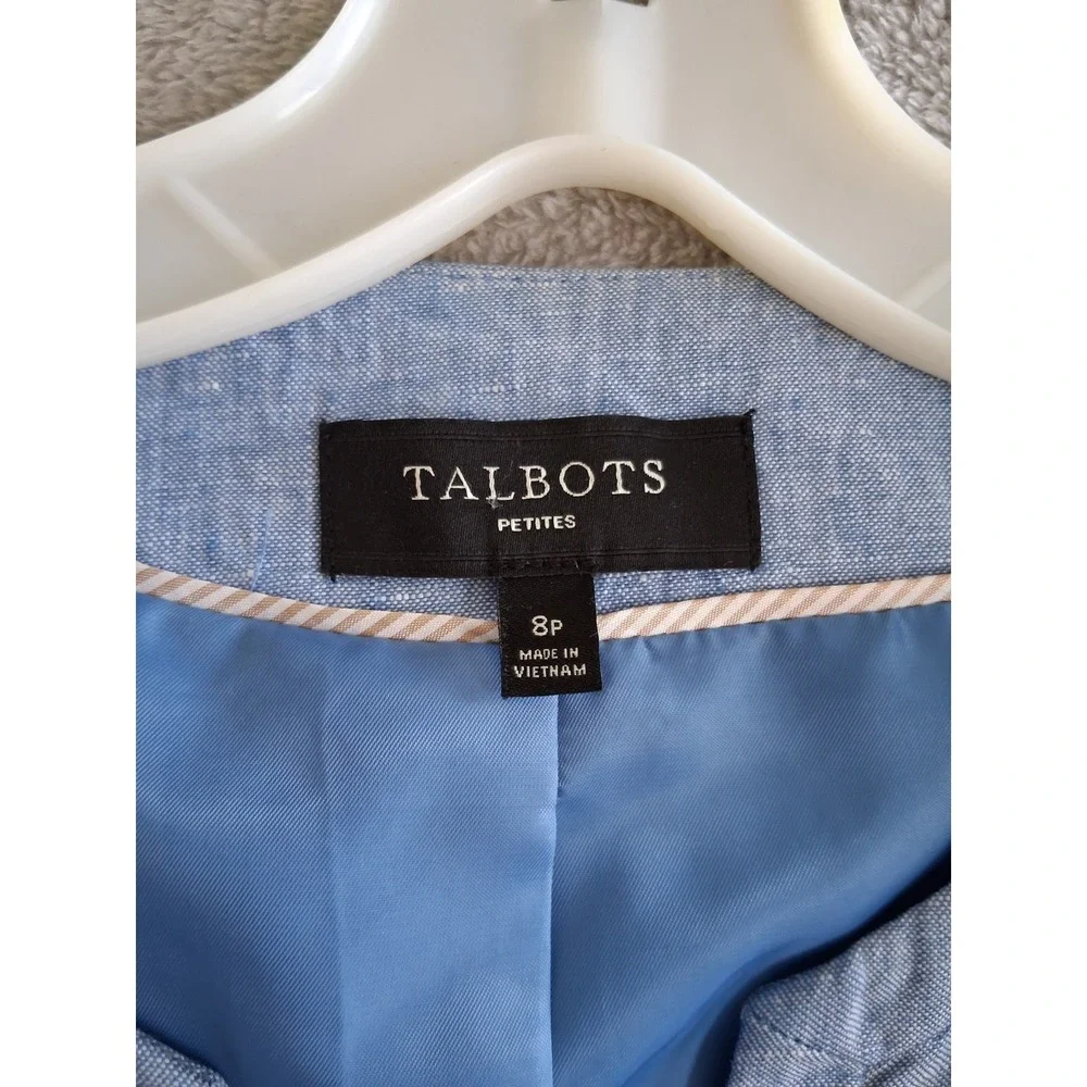 Talbots Linen Blazer 8P Blue Open Front 3/4 Sleeve Coastal Preppy Quiet Luxury